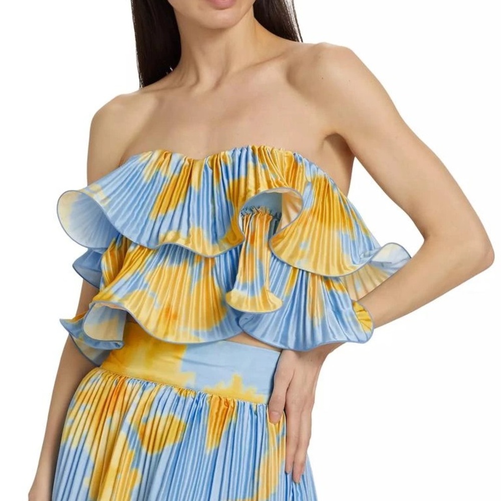 L’Idee Romance Ruffled strapless Crop Top in Blue and Yellow US4